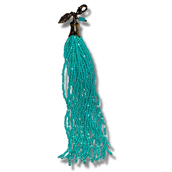 Turquoise & Gold Crystal Leaf Beaded Boho Tassel Keychain Accessory - Picture 4 of 4